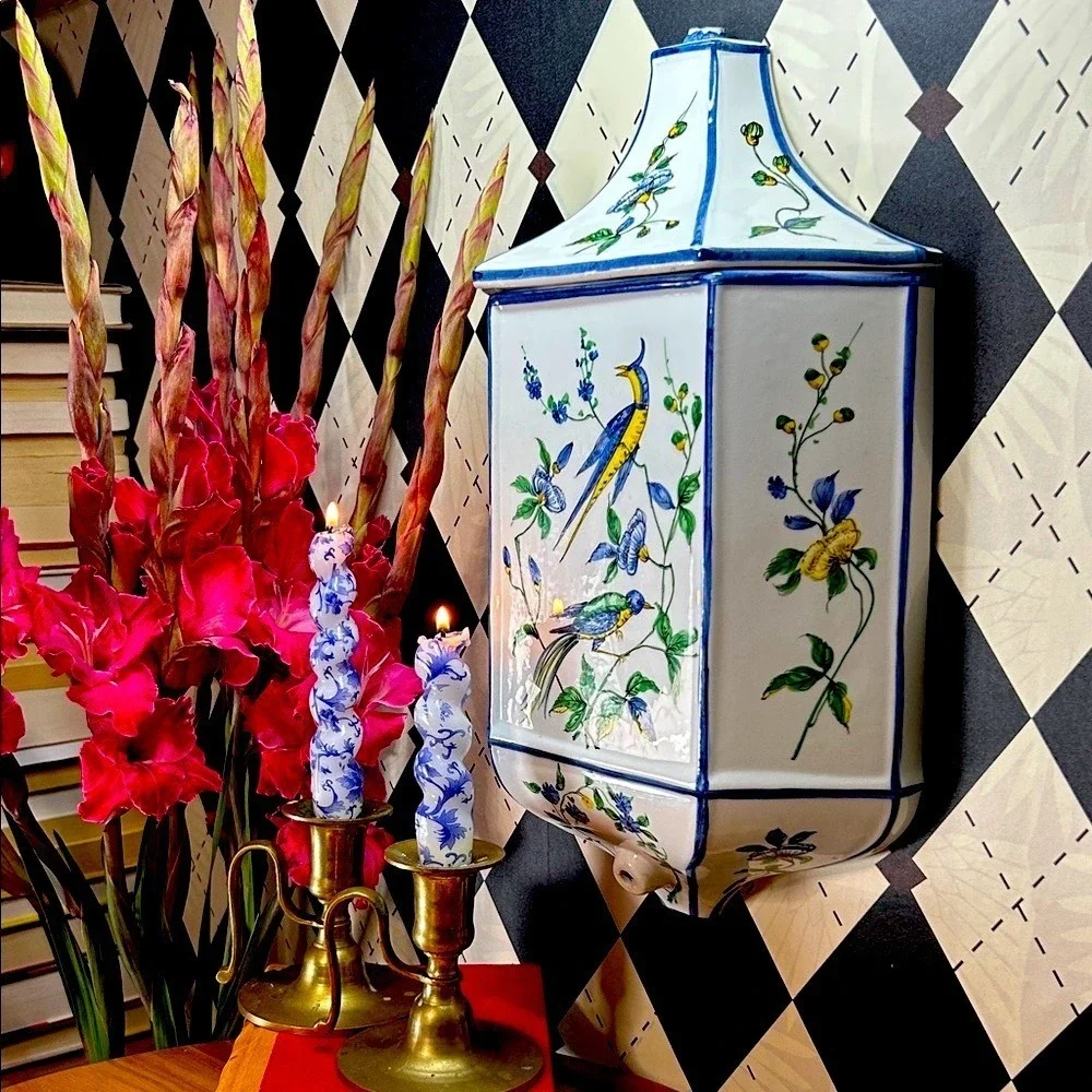 Chinoiserie 15" Wall‎ Pocket Ceramic Phoenix & Birds & Florals Hand-Painted VTG - Picture 5 of 16